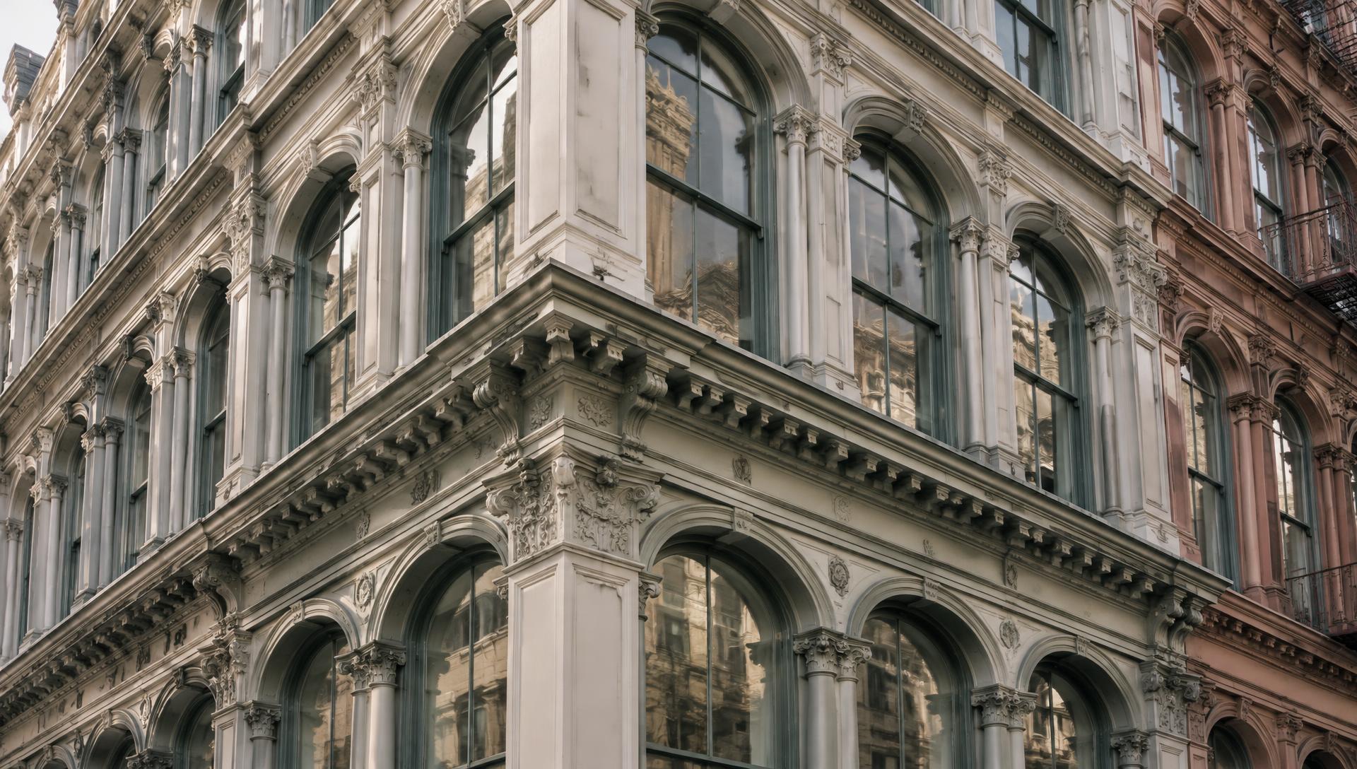 Ornate cast-iron columns and arched windows of a historic building